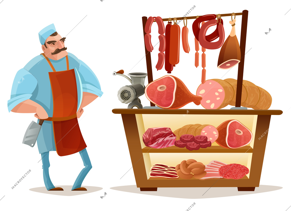Butcher and meat market cartoon concept with sausages isolated vector illustration