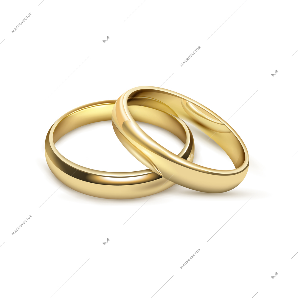 Two matching bridal wedding or engagement traditional gold rings set jewelry advertisement icon realistic vector illustration