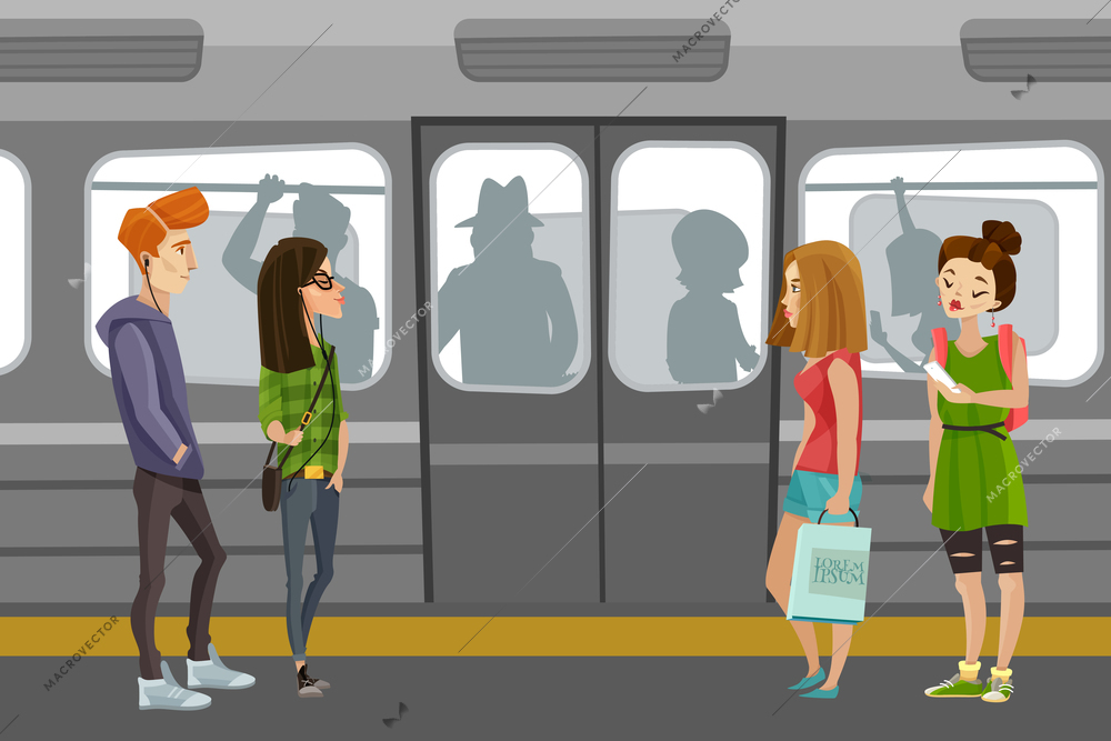 Subway people background with underground train and commuters flat vector illustration