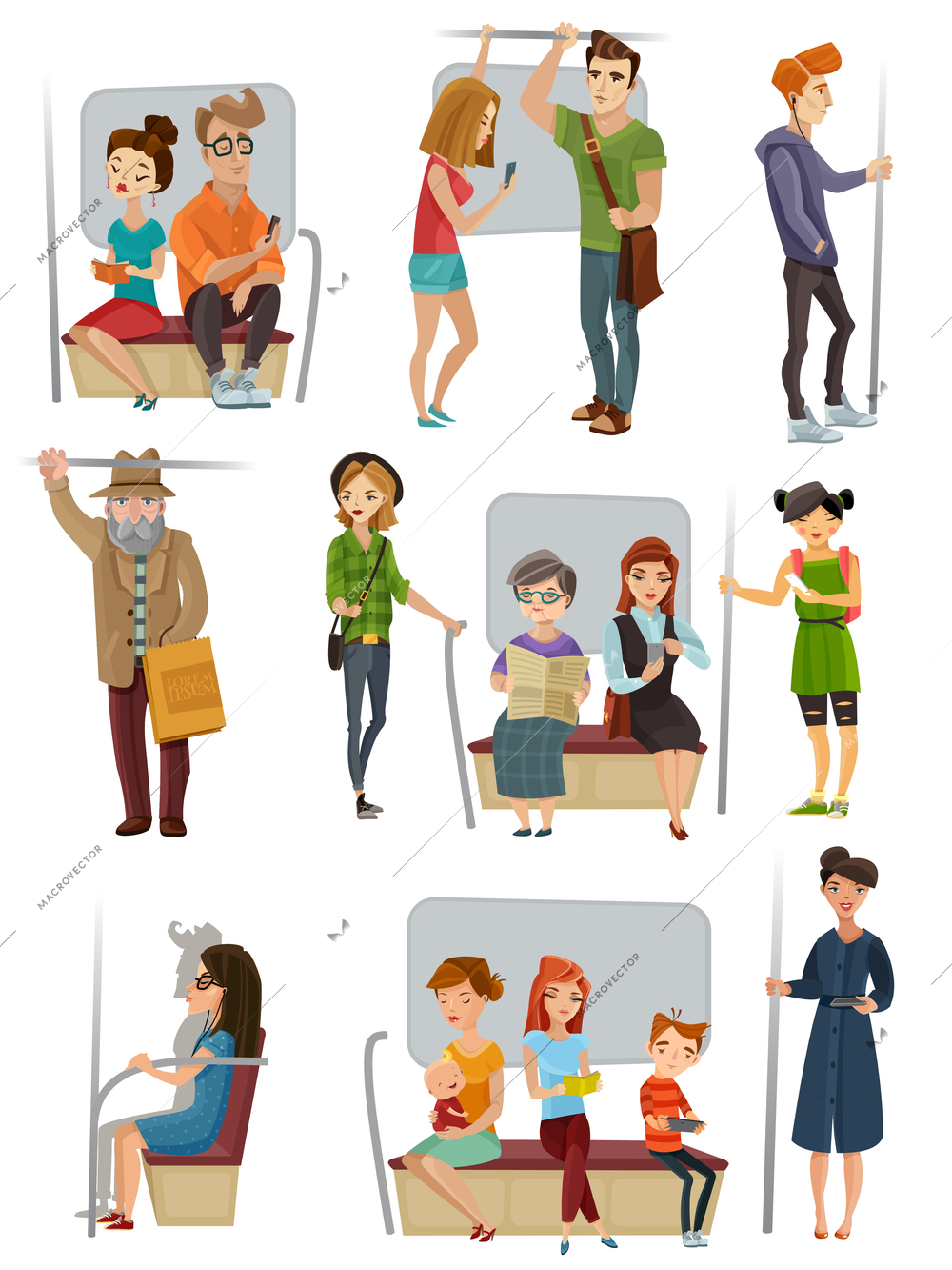 Subway people set with men women and children flat vector