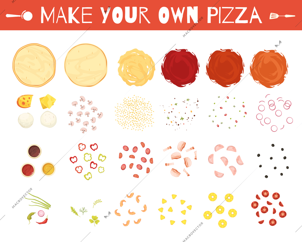 Set of pizza elements in cartoon style with dough vegetables cheese and meat sauces isolated vector illustration