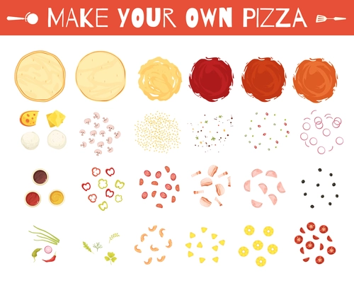 Set of pizza elements in cartoon style with dough vegetables cheese and meat sauces isolated vector illustration