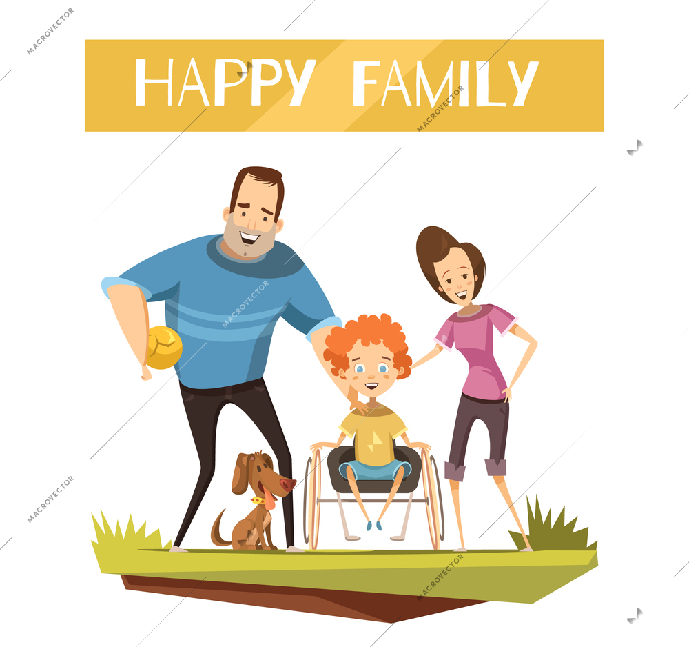 Happy family with disabled kid on wheelchair and dog during walk cartoon and retro styles vector illustration