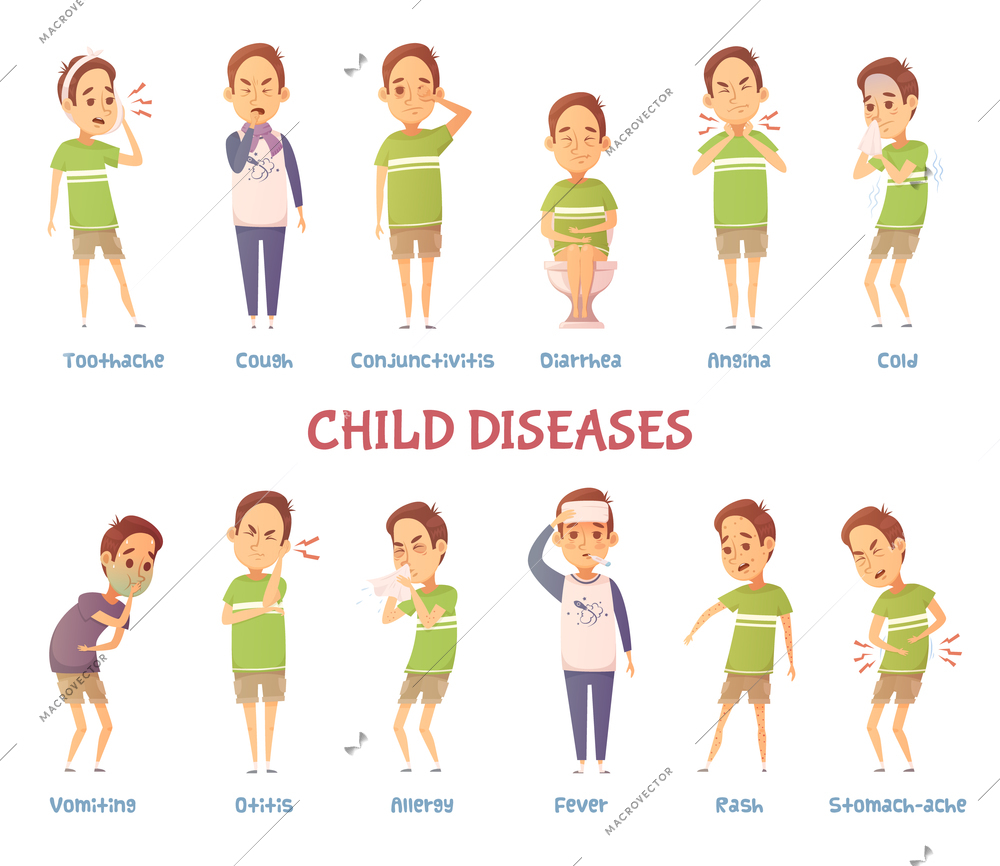 Set of isolated cartoon boy character suffering from different symptoms with text captions describing disease kind vector illustration