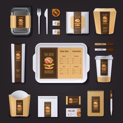 Burger bar corporate identity of packaging stationery and business cards on black background isolated vector illustration