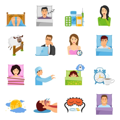 Sleep disorders decorative icons set with cartoon characters of suffering people sleeping mask alarm and medication vector illustration