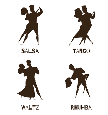 Classical partner retro dance 4 black cartoon icons collection with waltz tango and salsa isolated vector illustration
