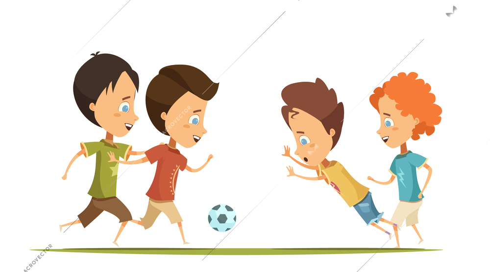 Boys in colorful clothing with emotions on faces playing soccer on green field cartoon style vector illustration