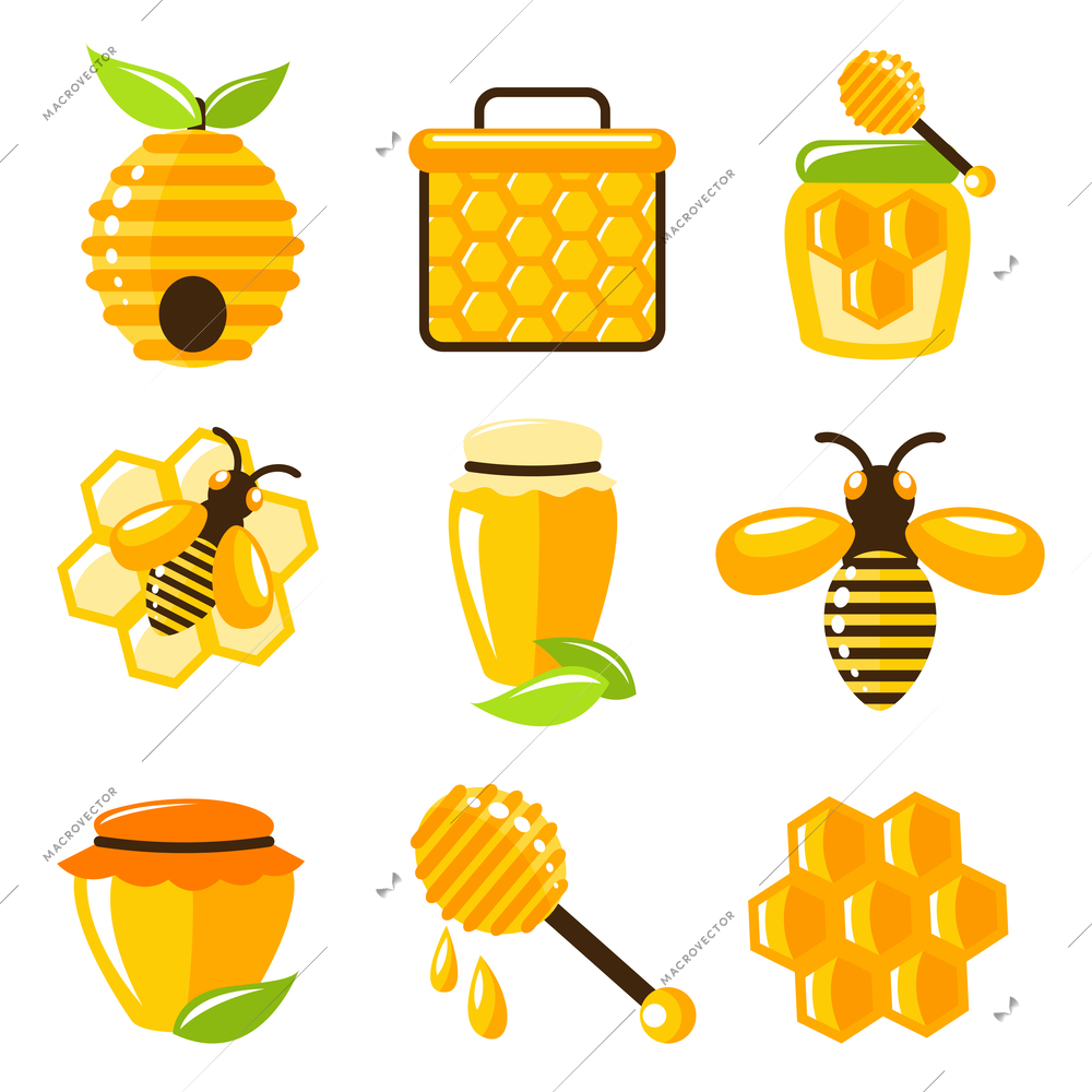 Decorative honey bee hive and cell food agriculture icons set isolated vector illustration.