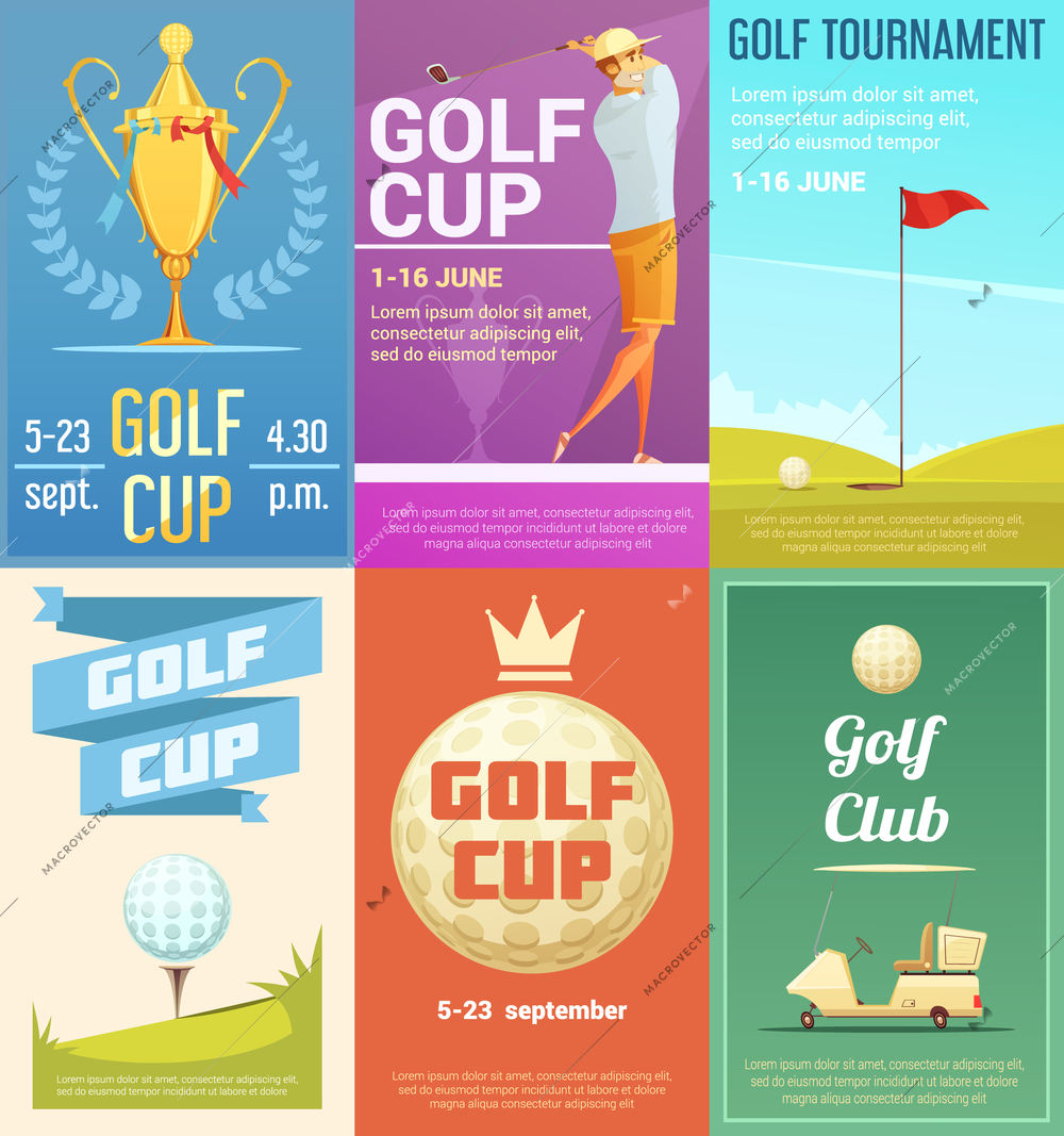 Golf club advertisement retro style posters collection with gold cup tournament winner trophy cartoon isolated vector illustration