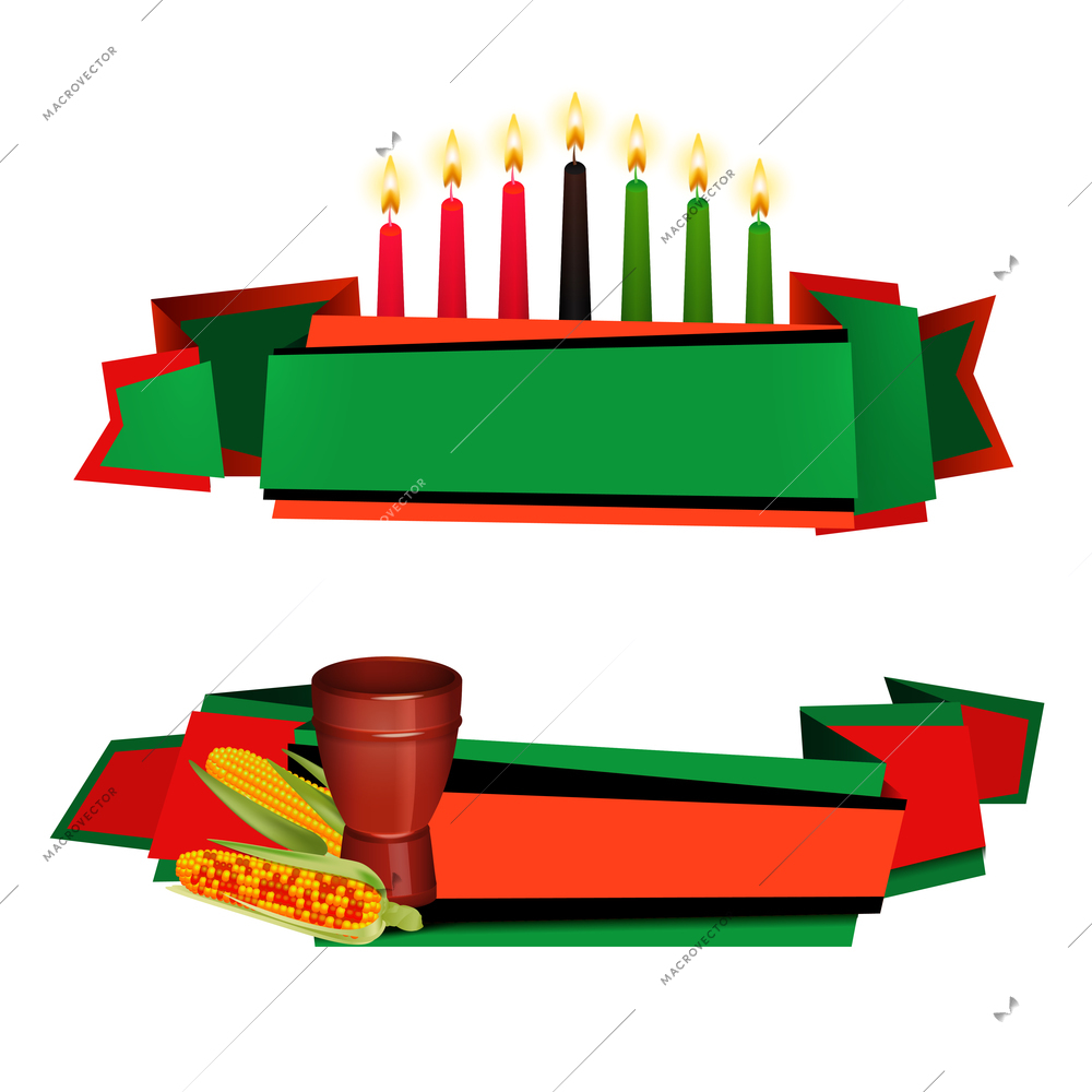 Kwanzaa celebrations traditional red green colored 2 horizontal banners with kinara candles and food isolated vector illustration