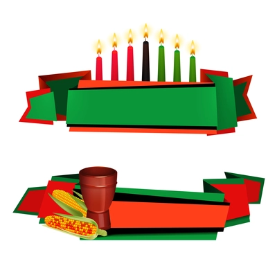Kwanzaa celebrations traditional red green colored 2 horizontal banners with kinara candles and food isolated vector illustration