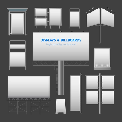 Outdoor advertisement elements with displays boxes and billboards templates in gray colors isolated vector illustration