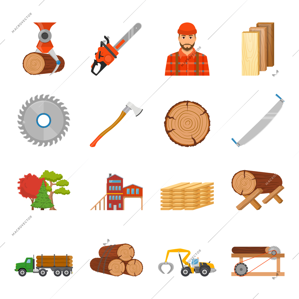 Sawmill timber flat isolated icons set with professional equipment tools and goods images on blank background vector illustration