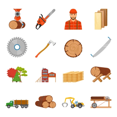 Sawmill timber flat isolated icons set with professional equipment tools and goods images on blank background vector illustration