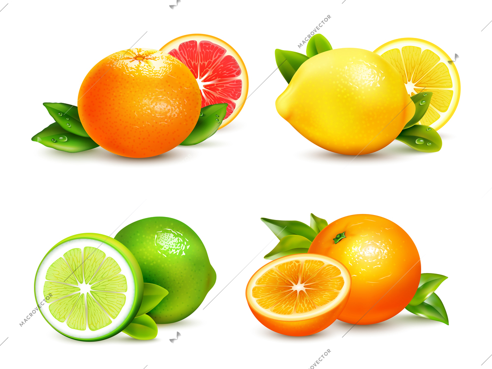 Fresh citrus fruits whole and halves 4 realistic icons square with orange grapefruit lemon isolated vector illustration