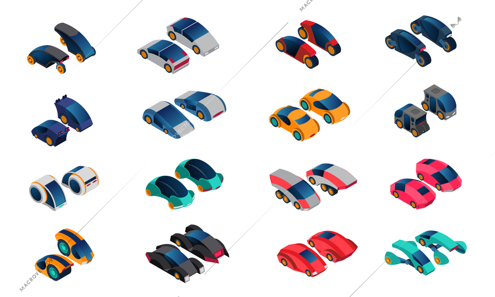 Futuristic cars isometric icons set of conceptual vehicles of new generation isolated vector illustration