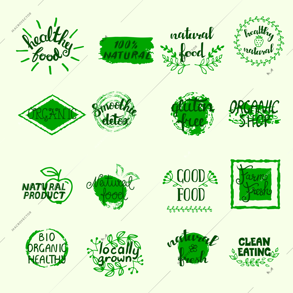 Healthy food labels set with bio eco and organic elements in green colors isolated vector illustration