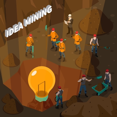 Idea isometric concept with people working in mine and holding mining inventory vector illustration