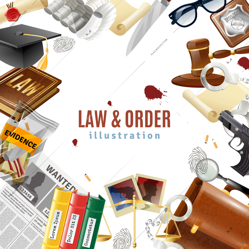 Law and order judicial system symbols frame composition poster with weapon crime evidence an handcuffs vector illustration