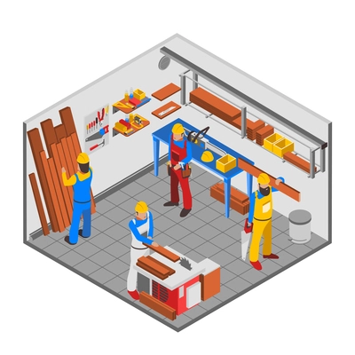Woodwork people isometric concept with equipment tools and room vector illustration