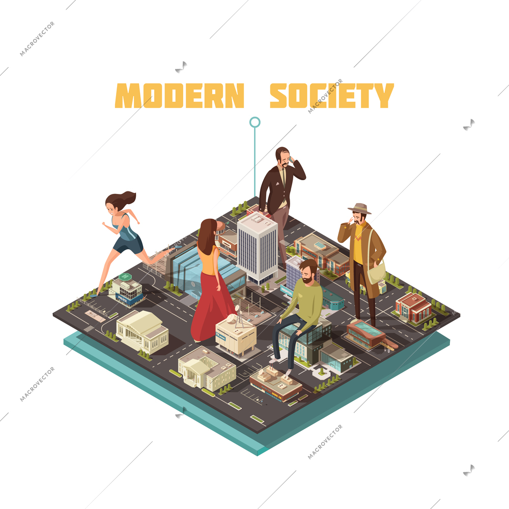 Modern urban society with people having different occupations isometric vector illustration