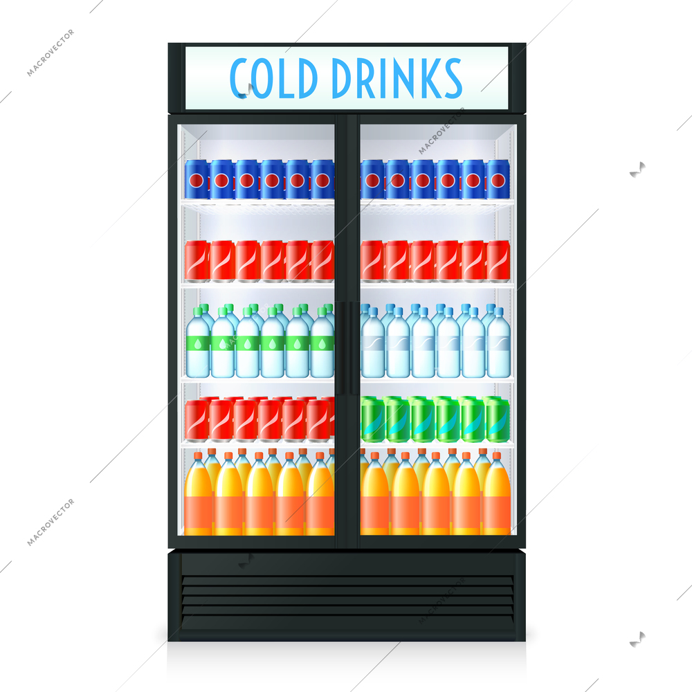 Vertical refrigerator template with closed door transparent glass cola and other beverages inside isolated vector illustration