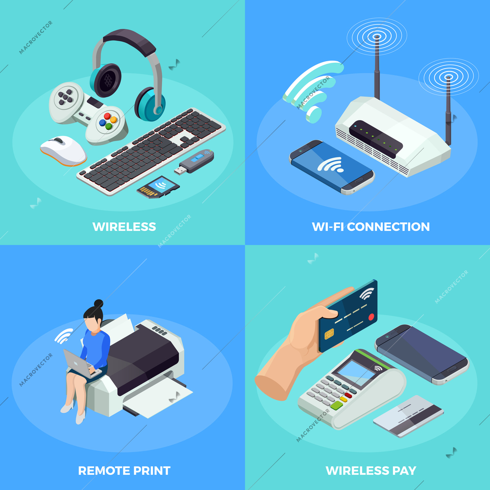 Modern wireless internet connection technology 4 isometric icons square poster with remote printing  and paying isolated vector illustration