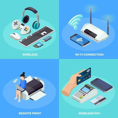 Modern wireless internet connection technology 4 isometric icons square poster with remote printing  and paying isolated vector illustration