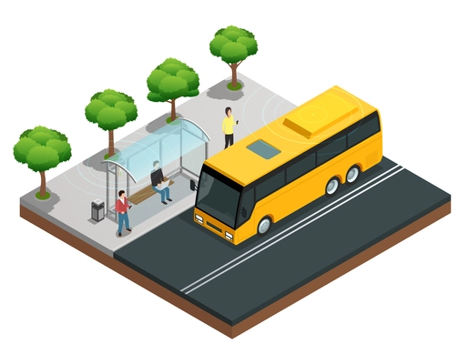 City wireless communication isometric concept with people on a bus stop vector illustration