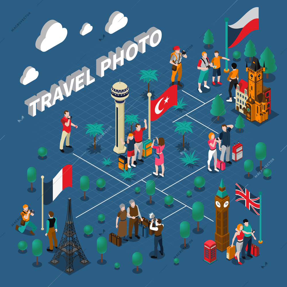 Tourism people isometric composition with travelers family photographing near different famous sights vector illustration