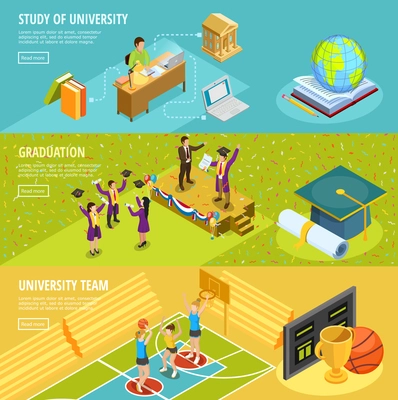 University education 3 horizontal isometric banners with information on study choice sport and graduation isolated vector illustration