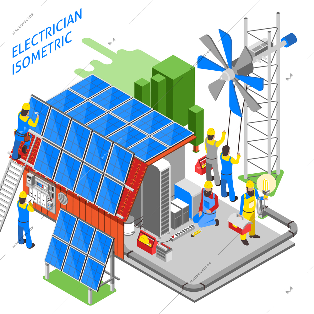 Colored 3d electrician people isometric composition people are doing their job installation of solar panels vector illustration