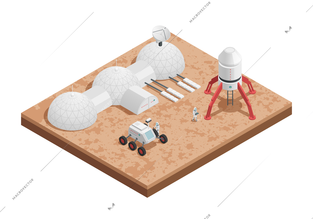 Colored rocket space isometric composition with platform for launching rockets and their engineering vector illustration