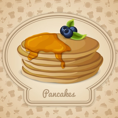 Pancakes dessert with maple syrup in frame and food cooking icons on background vector illustration