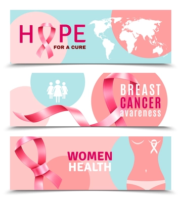 Flat horizontal breast cancer awareness banners with pink ribbons and female body isolated vector illustration