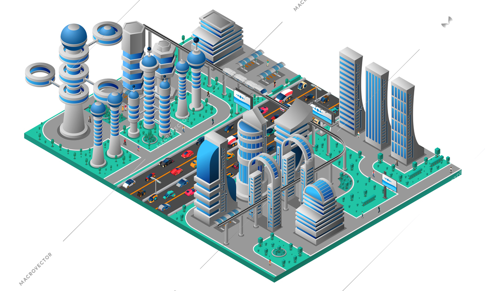 Futuristic cityscape isometric template with buildings of future road car and trees vector illustration