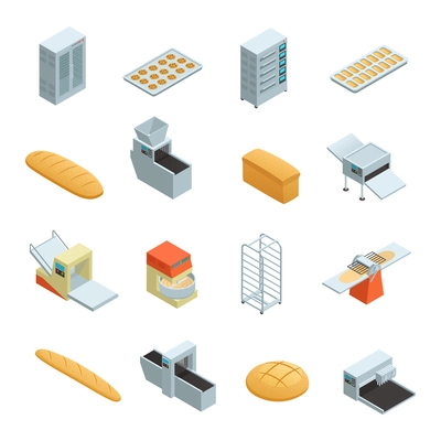 Colored and isolated bakery factory isometric icon set with elements and tools for baking bread vector illustration