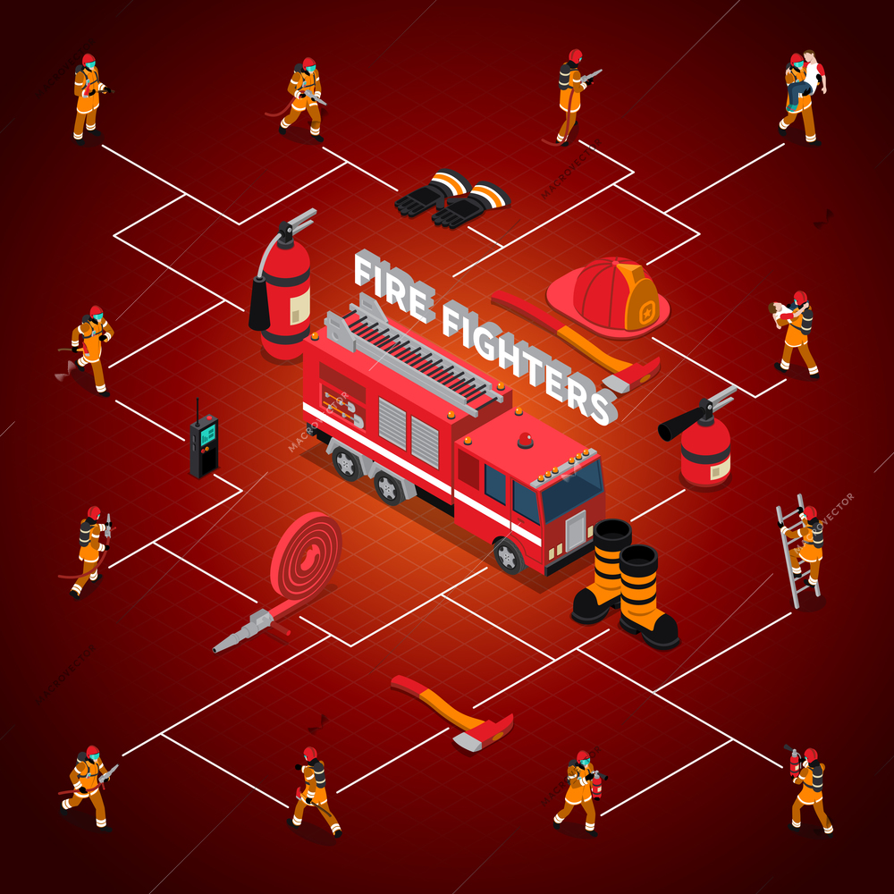Firefighter isometric flowchart with fireman in different poses situations and professional equipment isolated vector illustration