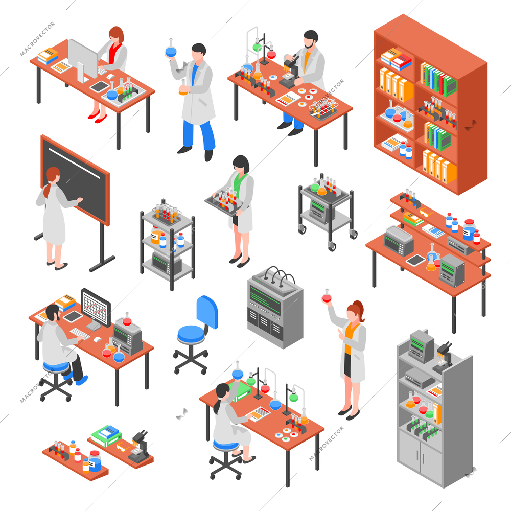 Isolated scientists laboratory isometric elements set with colorful equipment worker characters laboratory benches workplaces and furniture vector illustration