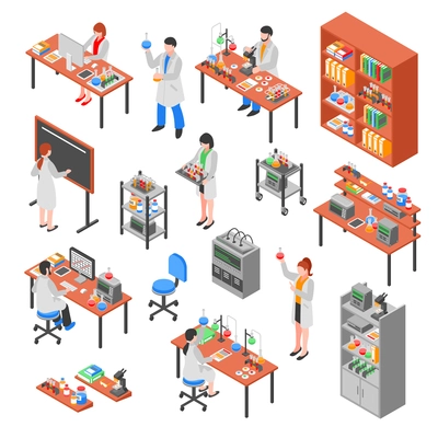 Isolated scientists laboratory isometric elements set with colorful equipment worker characters laboratory benches workplaces and furniture vector illustration