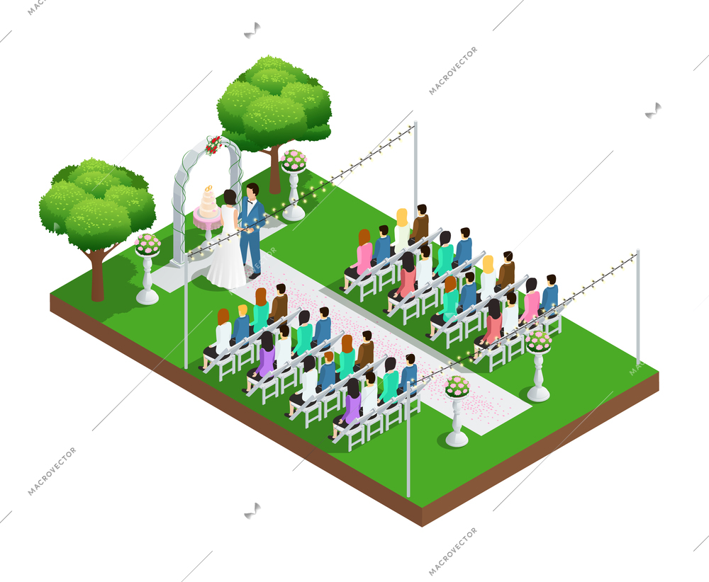 Wedding ceremony in park isometric composition vector illustration