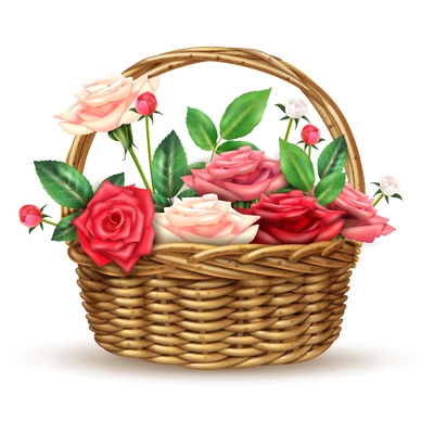 Beautiful flowers basket arrangement full with fine fresh roses for special occasions realistic close-up image vector illustration