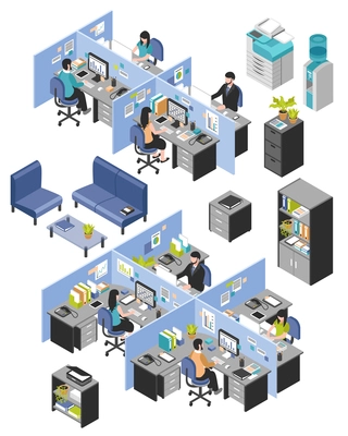 Isolated isometric cubicle office workplaces set with desktop tables shelves and workers images on blank background vector illustration