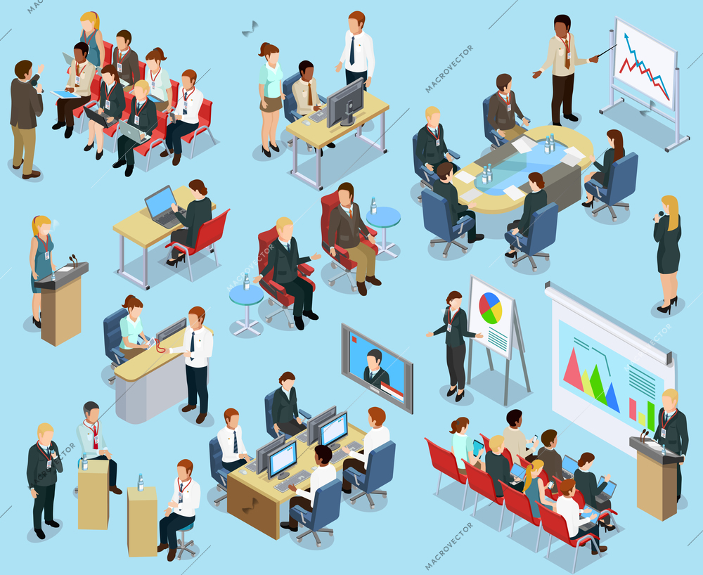Business coaching isometric collection with different ways of employee training and development isolated vector illustration