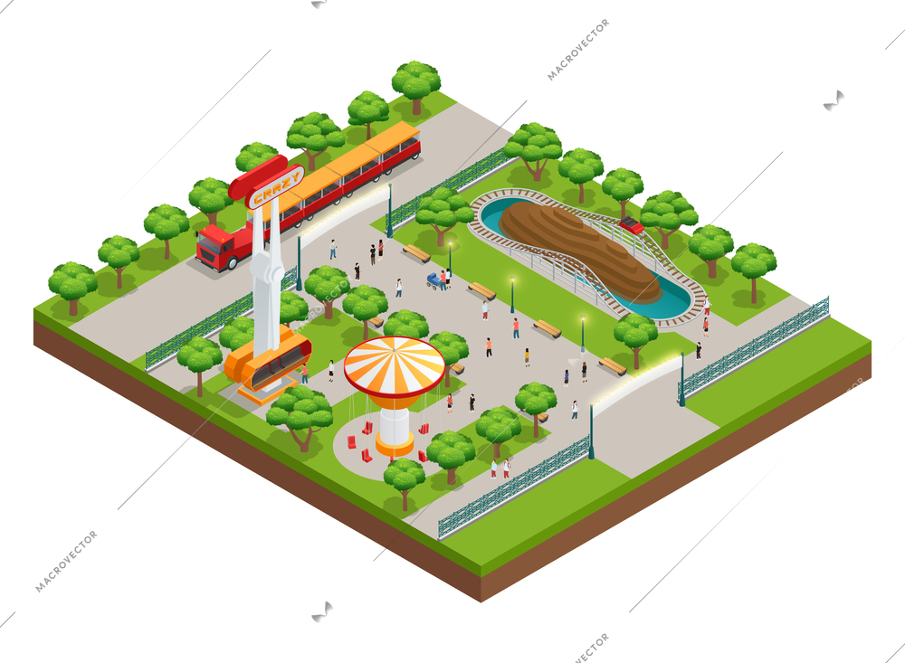 Amusement park isometric concept with roller coaster and train symbols vector illustration