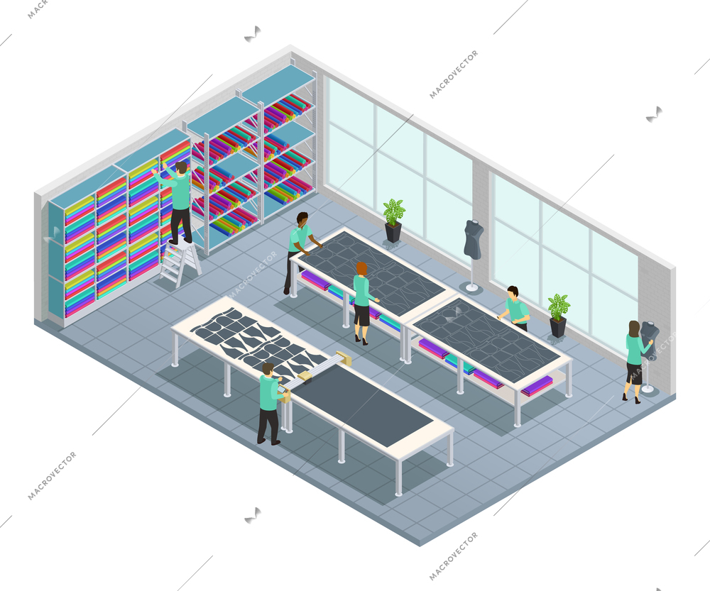 Clothes factory isometric composition with workflow for clothing company in shop at the factory vector illustration