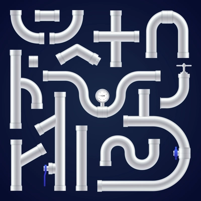 Plastic pipes realistic set on dark blue background isolated vector illustration