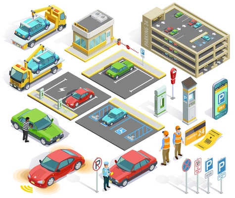 Parking isometric elements set with cars policeman building stealing evacuator roadsigns charging station ticket isolated vector illustration