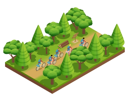 Camping hiking isometric composition tourists go on forest trail in park on bicycles vector illustration